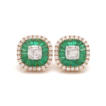Emerald and Diamond Halo Stud Earrings Gold