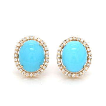 Oval Turquoise Diamond Halo Big Earrings Gold | Chunky Turquoise Earrings