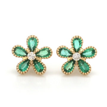 Emerald Flower Stud Earrings with Diamond Center | 14K 18K Solid Gold