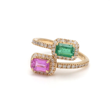 Emerald and Pink Sapphire Octagon Two Stone Ring