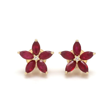Ruby Diamond Floral Stud Earrings Gold – Flower Gemstone Studs