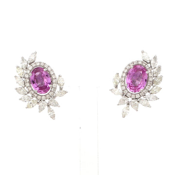Oval Pink Sapphire & Marquise Diamond Cluster Earrings in Solid Gold