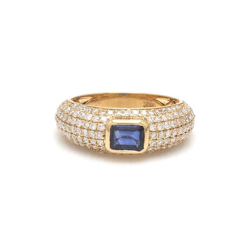 Blue Sapphire Pavé Diamond Ring – Solid Gold Dome Band with Bezel Gemstone