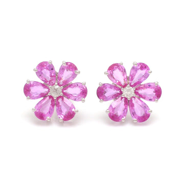 Pink Sapphire Diamond Flower Earrings Studs