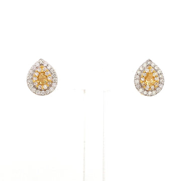 Pear Shaped Yellow Diamond Stud Earrings in Gold – Halo Setting with White & Yellow Diamonds, Elegant Fine Jewelry