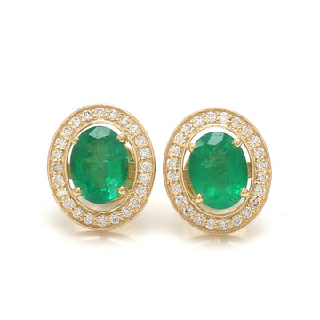 Emerald Oval Stud Earrings in 14K/18K Gold with Diamond Halo – Classic Gemstone Earrings