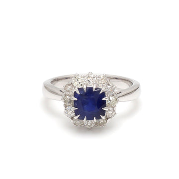Blue Sapphire Antique Cushion and Diamond Ring