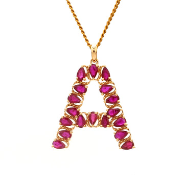 Ruby Initial Pendant A in Solid Gold – Pear Shape Ruby Letter Necklace – July Birthstone Jewelry