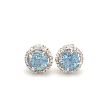 Aquamarine & Diamond Halo Stud Earrings Gold