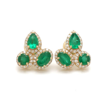 Triple Emerald & Diamond Halo Cluster Earrings in 14K Yellow Gold