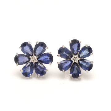 Blue Sapphire Pear Floral Studs Earrings