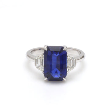 Blue Sapphire Trapezoid Diamond Three Stone Ring