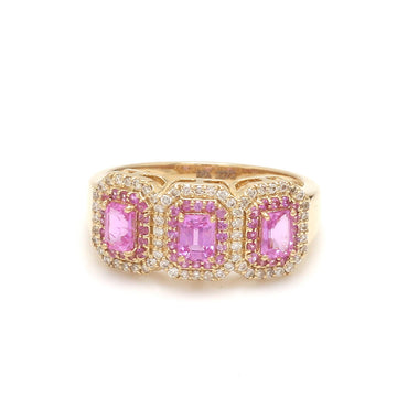 Pink Sapphire and Diamond Ring in Solid Gold – Vintage-Inspired Three-Stone Ring