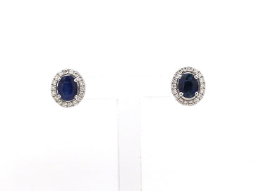 Blue Sapphire Oval Stud Earrings with Diamond Halo in 14K 18K White Gold – Classic Fine Jewelry