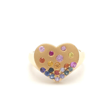 Rainbow Sapphire Round Heart Shape Matte Signet Ring