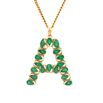 Emerald Initial Pendant A in Solid Gold – Pear Shape Emerald Letter Necklace