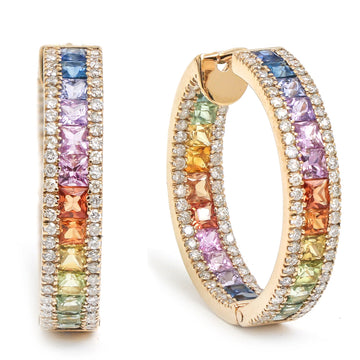 Rainbow Sapphire Princess Cut Diamond Hoops