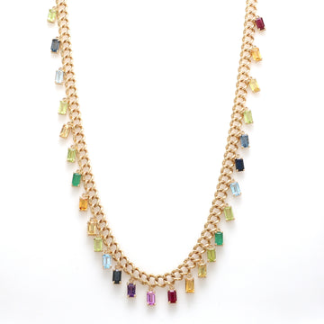 Rainbow Gemstone Octagon Link Chain Necklace
