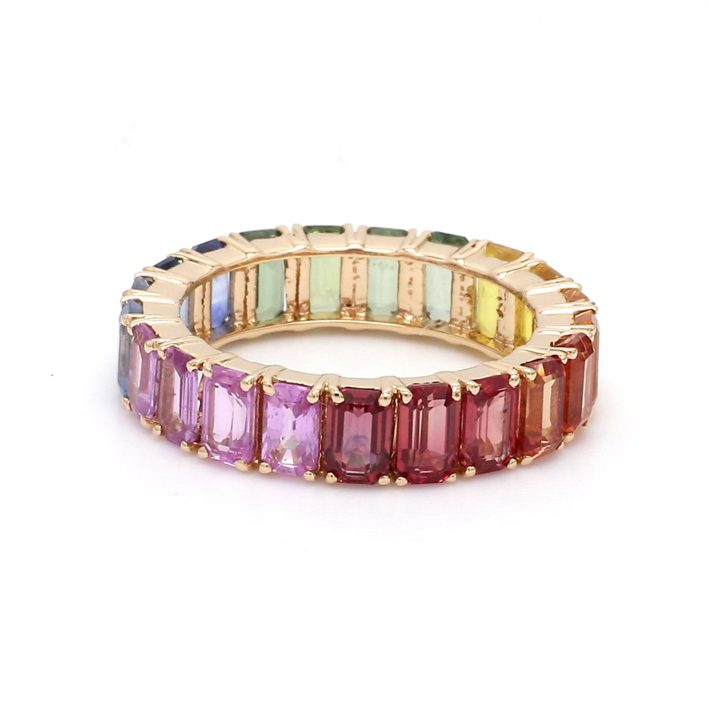 rainbow sapphire emerald cut ring gold