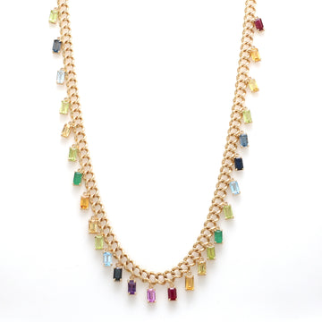 Rainbow Gemstone Octagon Link Chain Necklace