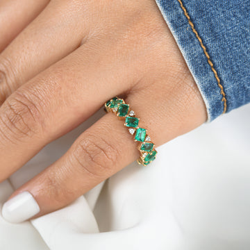 Emerald and Diamond Octagon Diagonal Ring