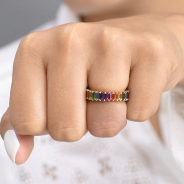 Rainbow Gemstone Vertical Baguette Ring