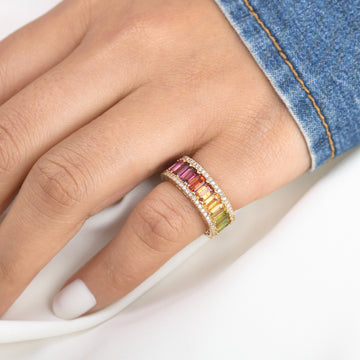 Rainbow Gemstone Octagon and Diamond Ring