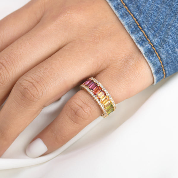Rainbow Gemstone Octagon and Diamond Ring
