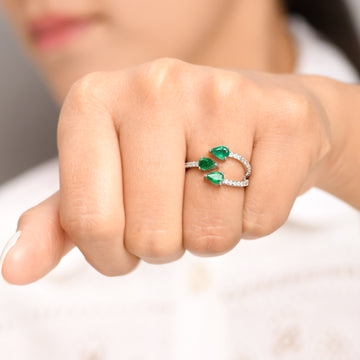 Emerald Three Pear Diamond Ring