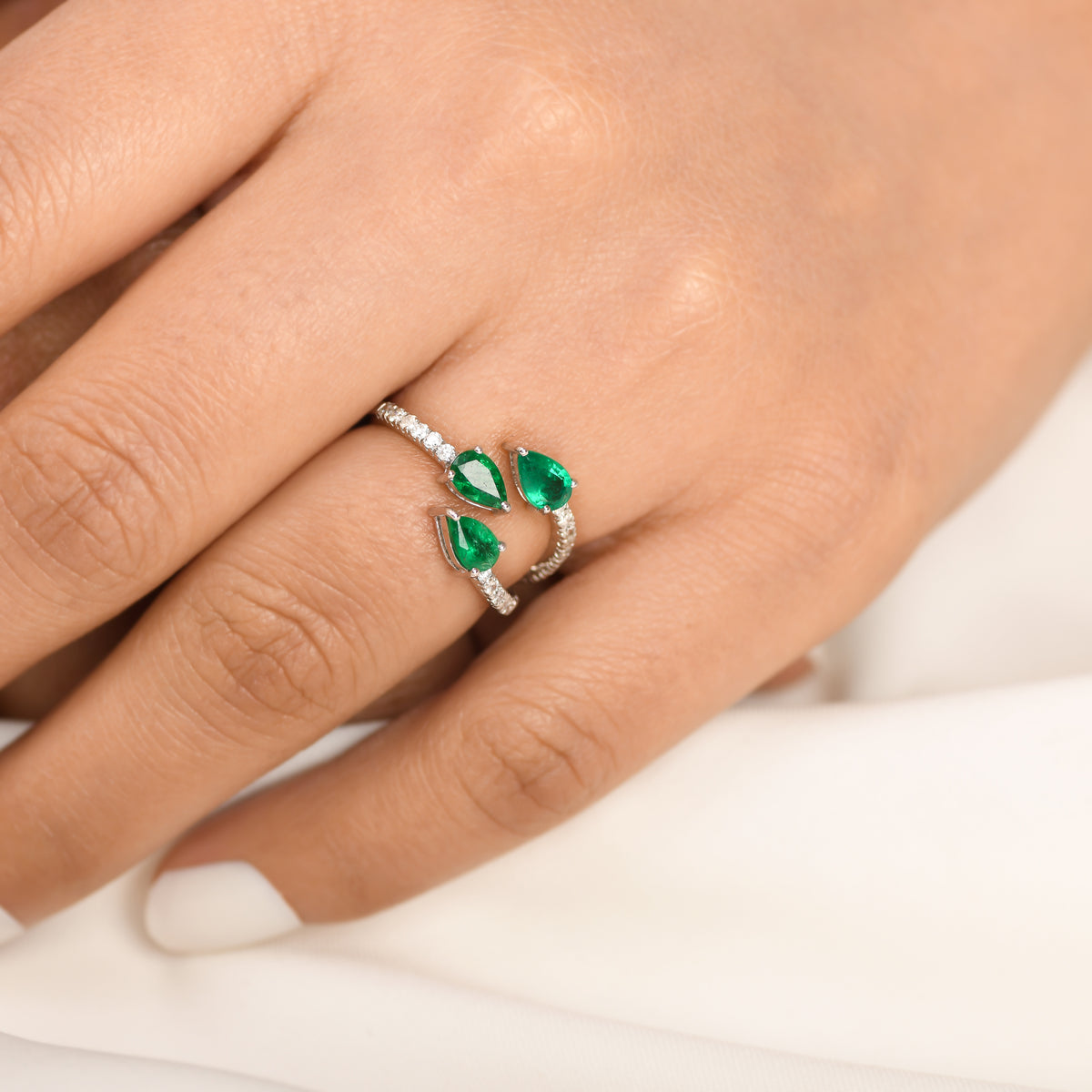 Emerald Three Pear Diamond Ring
