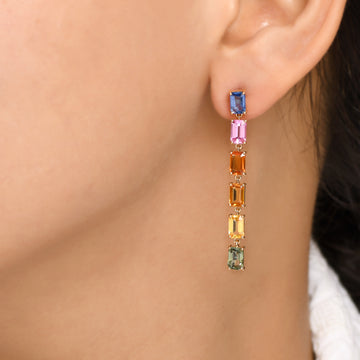 Rainbow Sapphire Emerald Cut Link Earrings