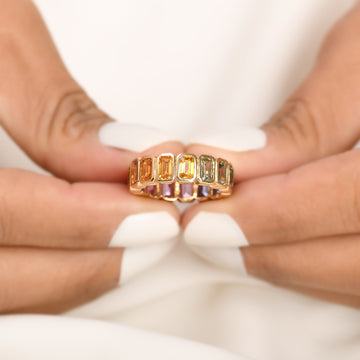 Rainbow Sapphire Octagon Bezel Set Ring