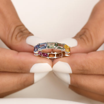 Rainbow Sapphire Emerald Cut Horizontal Ring