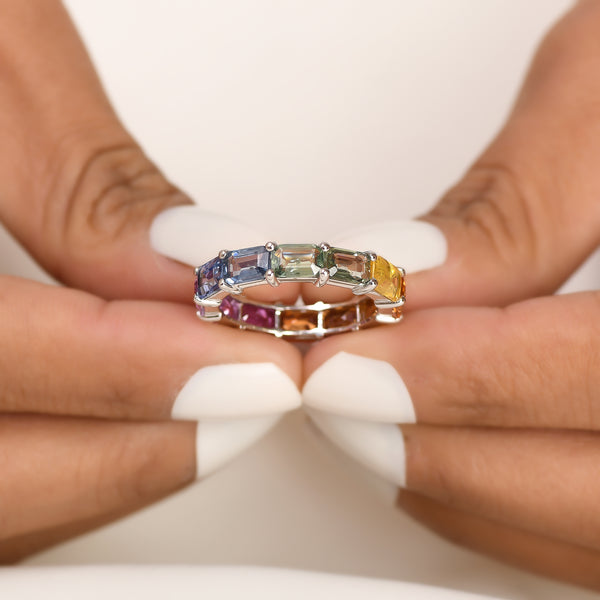 Rainbow Sapphire Emerald Cut Horizontal Ring