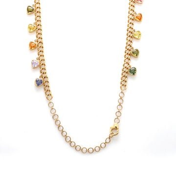 Rainbow Sapphire Bezel Set Heart Link Chain Necklace