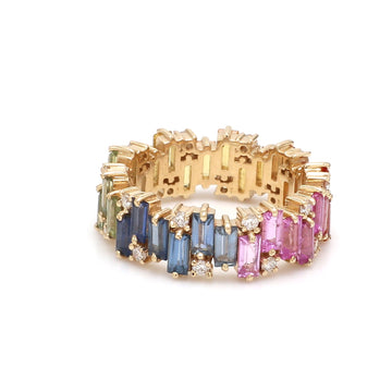 Rainbow Sapphire Baguette and Diamond Ring