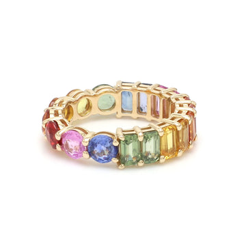 Rainbow Sapphire Half Emerald Cut and Half Round Ring