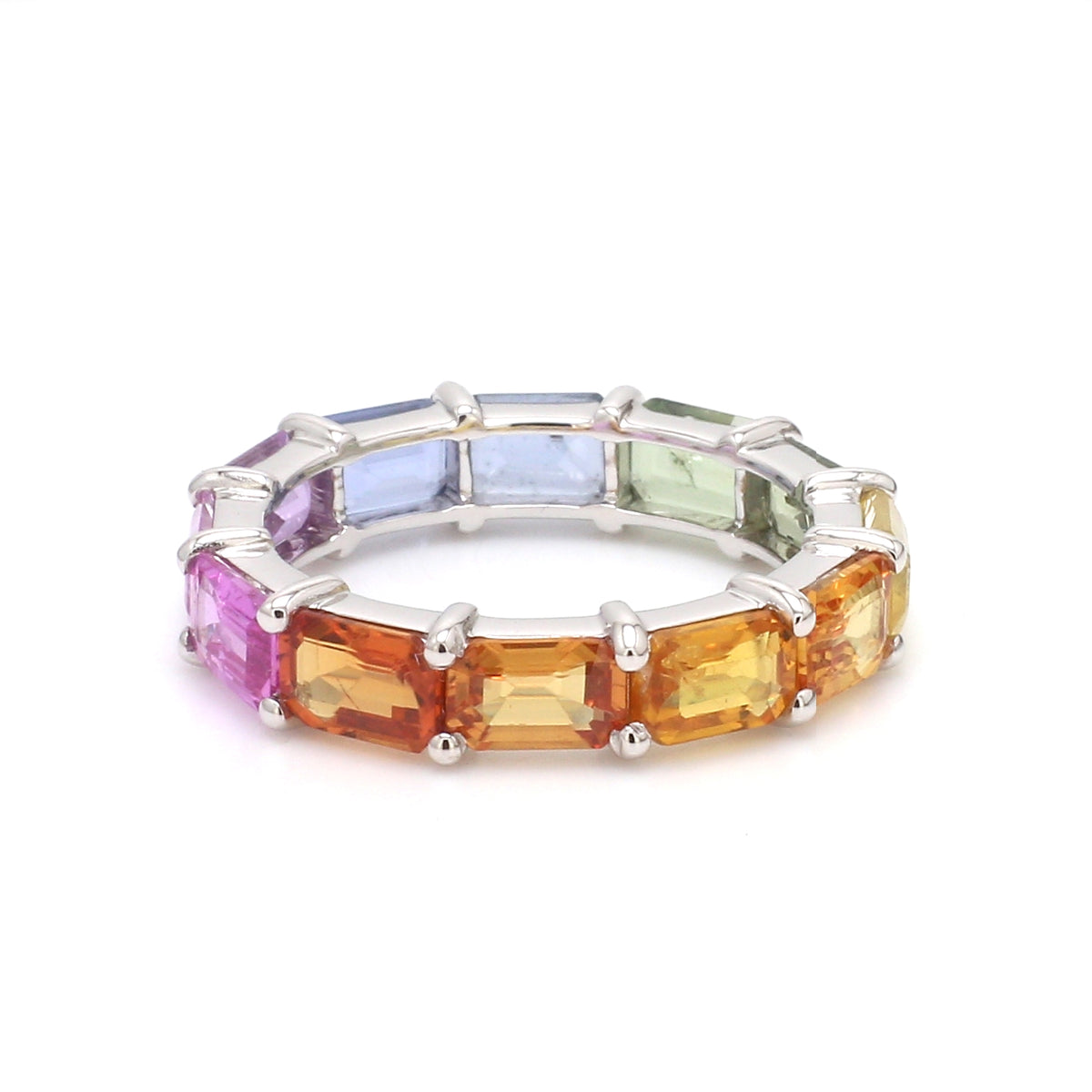 Rainbow Sapphire Emerald Cut Horizontal Ring