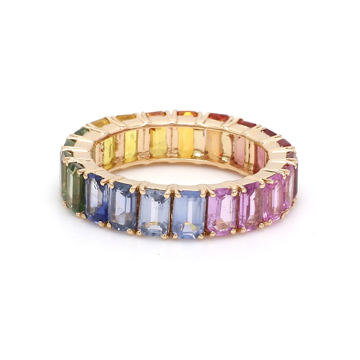 rainbow sapphire emerald cut ring