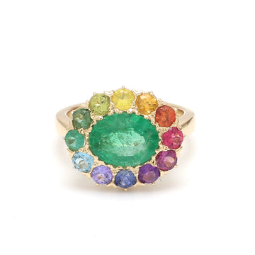 Emerald and Rainbow Gemstone Halo Ring