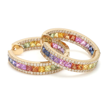 Rainbow Sapphire Princess Cut Diamond Hoops