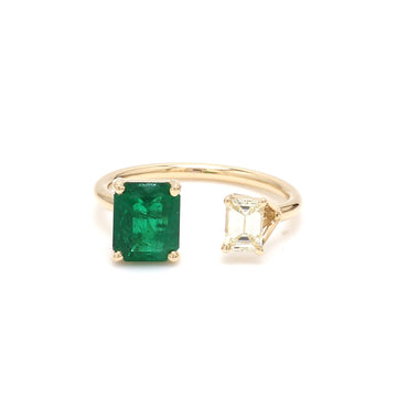 Emerald and Emerald Cut Diamond Open Ring