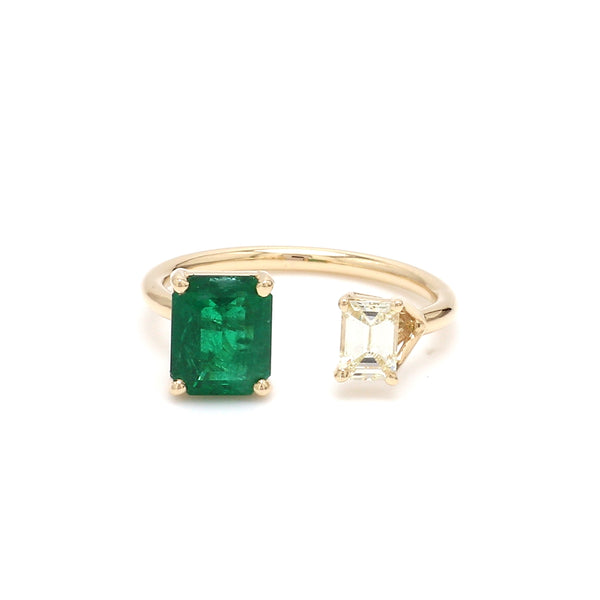 Emerald and Emerald Cut Diamond Open Ring